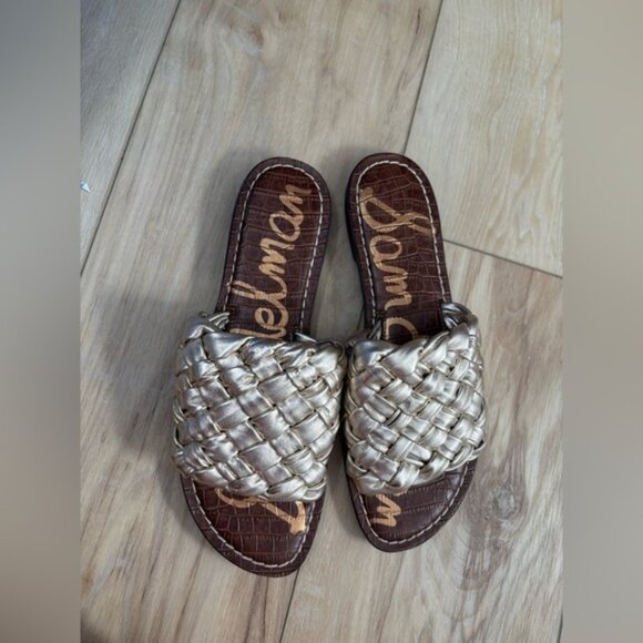 NWOT- SAM EDELMAN-Sandals Griffin Jute MetallicWoven Leather Flats - Picture 2 of 3